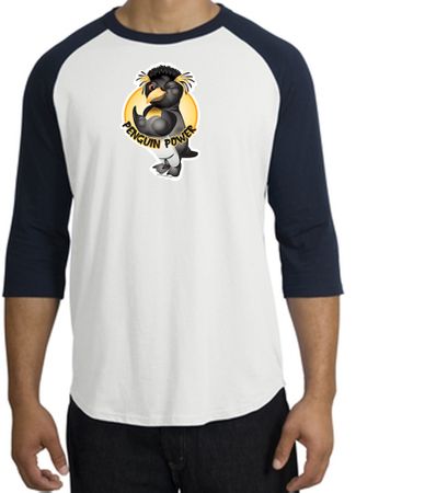 PENGUIN POWER Athletic Gym Workout Adult Raglan T-shirt - White/Navy