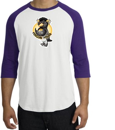 PENGUIN POWER Athletic Gym Workout Adult Raglan T-shirt - White/Purple