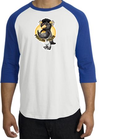 PENGUIN POWER Athletic Gym Workout Adult Raglan T-shirt - White/Royal