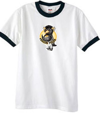 PENGUIN POWER Athletic Gym Workout Adult Ringer T-shirt - White/Black