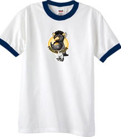 PENGUIN POWER Athletic Gym Workout Adult Ringer T-shirt - White/Navy
