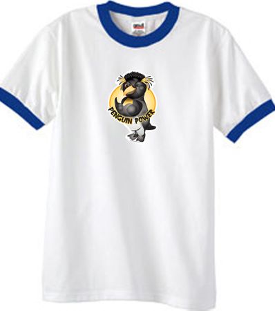 PENGUIN POWER Athletic Gym Workout Adult Ringer T-shirt - White/Royal