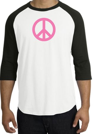 PINK PEACE World Peace Sign Symbol Adult Raglan T-shirt - White/Black