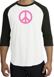 PINK PEACE World Peace Sign Symbol Adult Raglan T-shirt - White/Black PINK PEACE World Peace Sign Symbol Adult Raglan T-shirt - White/Black