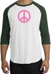 PINK PEACE World Peace Sign Symbol Adult Raglan T-shirt - White/Forest PINK PEACE World Peace Sign Symbol Adult Raglan T-shirt - White/Forest