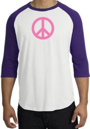 PINK PEACE World Peace Sign Symbol Adult Raglan T-shirt - White/Purple PINK PEACE World Peace Sign Symbol Adult Raglan T-shirt - White/Purple