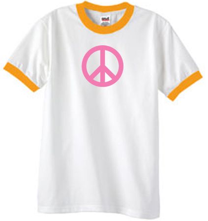 PINK PEACE World Peace Sign Symbol Adult Ringer T-shirt - White/Gold