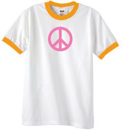 PINK PEACE World Peace Sign Symbol Adult Ringer T-shirt - White/Gold