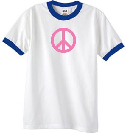 PINK PEACE World Peace Sign Symbol Adult Ringer T-shirt - White/Royal