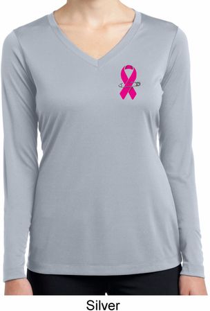 Pink Ribbon Pin Pocket Print Ladies Dry Wicking Long Sleeve Shirt