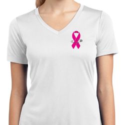 Pink Ribbon Pin Pocket Print Ladies Moisture Wicking V-neck Shirt