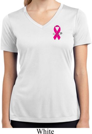 Pink Ribbon Pin Pocket Print Ladies Moisture Wicking V-neck Shirt