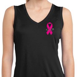 Pink Ribbon Pin Pocket Print Ladies Sleeveless Moisture Wicking Shirt
