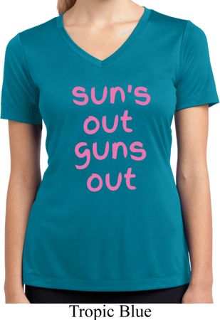 Pink Suns Out Guns Out Ladies Moisture Wicking V-neck Shirt