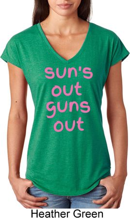 Pink Suns Out Guns Out Ladies Tri Blend V-Neck Shirt