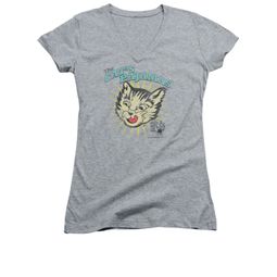 Puss N Boots Shirt Juniors V Neck Cat's Pajamas Athletic Heather T-Shirt
