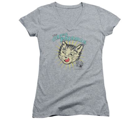 Puss N Boots Shirt Juniors V Neck Cat's Pajamas Athletic Heather T-Shirt