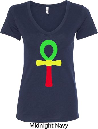 Rasta Ankh Ladies V-Neck Shirt