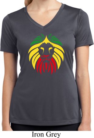Rasta Lion Head Ladies Moisture Wicking V-neck Shirt