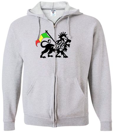 Rasta Lion Mens Full Zip Hoodie - Ash Grey