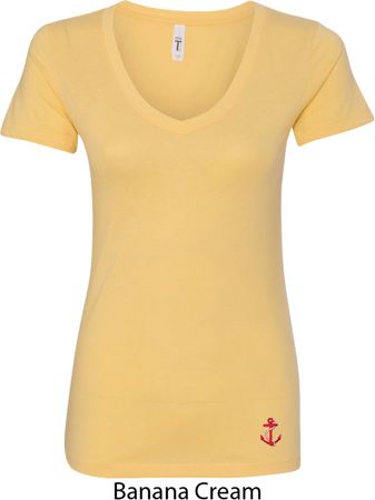 Red Anchor Patch Bottom Print Ladies V-Neck Shirt
