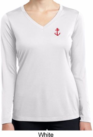 Red Anchor Patch Pocket Print Ladies Dry Wicking Long Sleeve Shirt