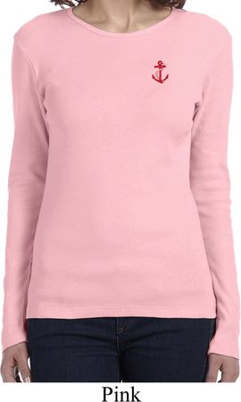 Red Anchor Patch Pocket Print Ladies Long Sleeve Shirt