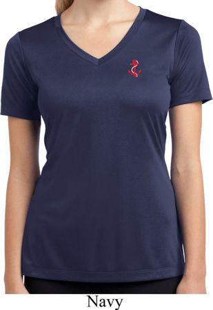 Red Anchor Patch Pocket Print Ladies Moisture Wicking V-neck Shirt