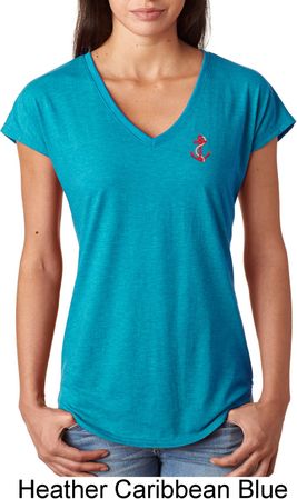 Red Anchor Patch Pocket Print Ladies Tri Blend V-Neck Shirt