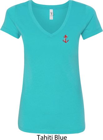 Red Anchor Patch Pocket Print Ladies V-Neck Shirt