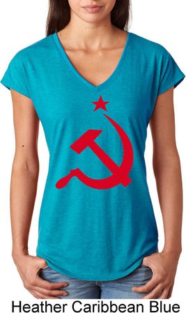 Red Hammer and Sickle Ladies Tri Blend V-Neck Shirt