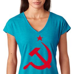 Red Hammer and Sickle Ladies Tri Blend V-Neck Shirt