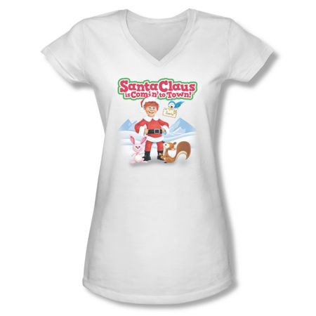 Santa Clause Shirt Juniors V Neck Animal Friends White T-Shirt