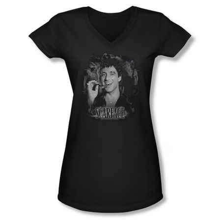 Scarface Shirt Juniors V Neck Smokey Scar Black Tee T-Shirt