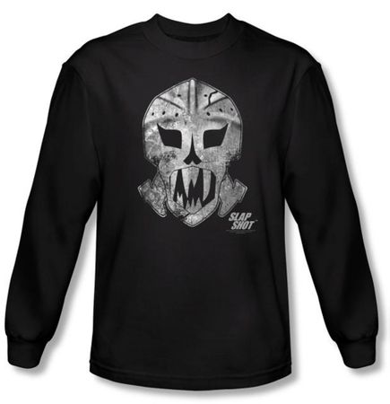 Slap Shot T-shirt Hockey Goalie Mask Adult Black Long Sleeve Tee Shirt