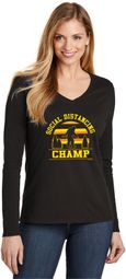 Social Distancing Champ Ladies Long Sleeve V-Neck T-Shirt