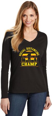 Social Distancing Champ Ladies Long Sleeve V-Neck T-Shirt