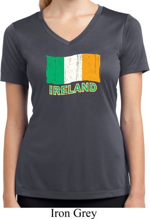 St Patrick's Day Distressed Ireland Flag Ladies Dry Wicking V-neck
