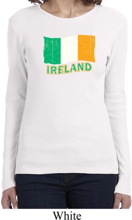 St Patrick's Day Distressed Ireland Flag Ladies Long Sleeve Shirt