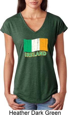 St Patrick's Day Distressed Ireland Flag Ladies Tri Blend V-Neck Shirt