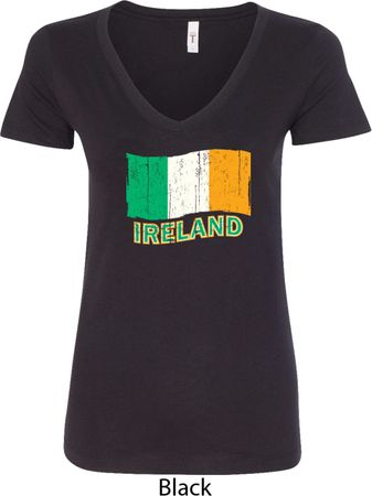 St Patrick's Day Distressed Ireland Flag Ladies V-Neck Shirt