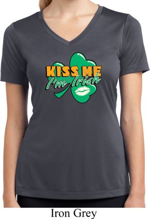 St Patrick's Day Kiss Me I'm Irish Ladies Dry Wicking V-neck Shirt