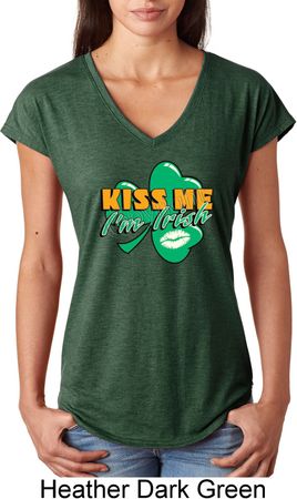 St Patrick's Day Kiss Me I'm Irish Ladies Tri Blend V-Neck Shirt