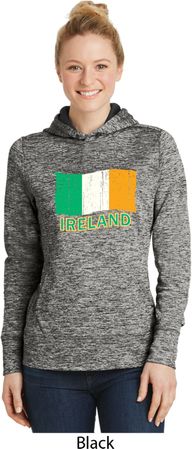 St Patrick's Distressed Ireland Flag Ladies Black Dry Wicking Hoodie