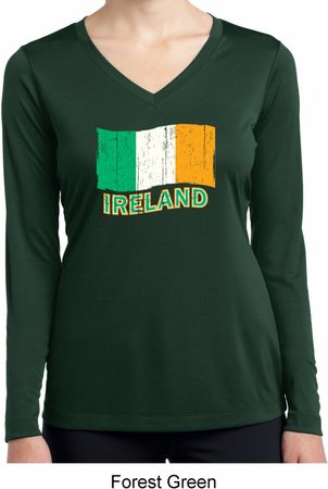St Patrick's Distressed Ireland Flag Ladies Dry Wicking Long Sleeve