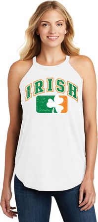 St Patricks Day Distressed Irish Shamrock Ladies Tri Rocker Tank Top