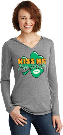 St Patricks Day Kiss Me I'm Irish Ladies Tri Long Sleeve Hoodie