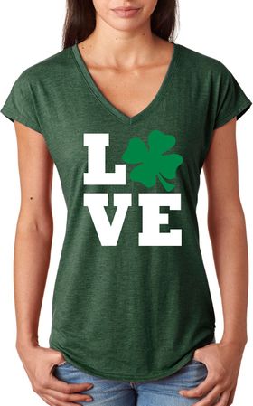 St Patricks Day Love Shamrock Ladies Tri Blend V-neck