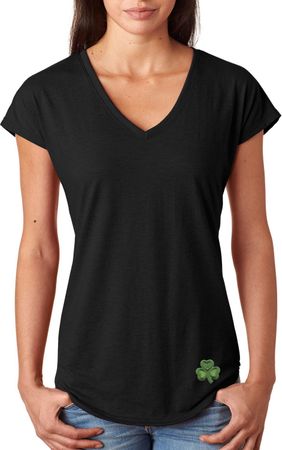 St Patricks Day Shamrock Patch Bottom Print Ladies Tri Blend V-neck