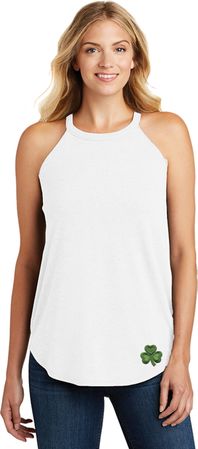 St Patricks Day Shamrock Patch Bottom Print Ladies Tri Rocker Tank Top